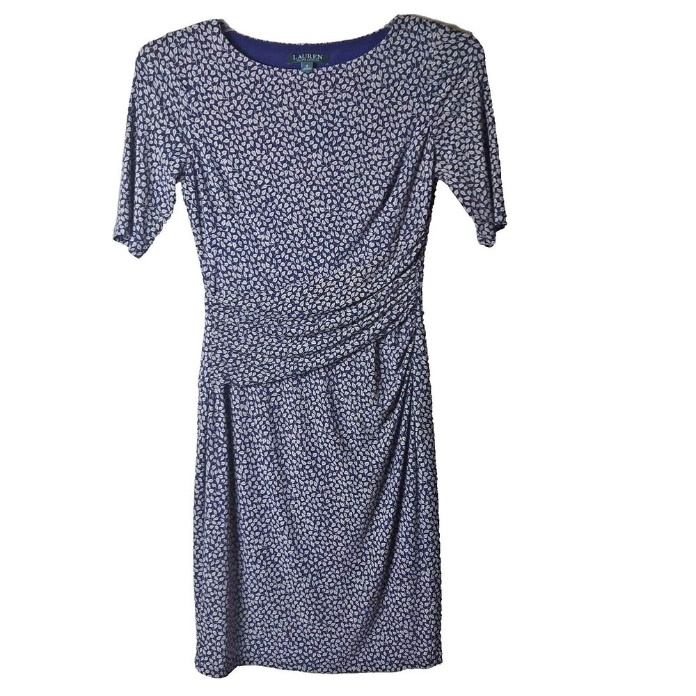 Lauren Ralph Lauren Woman's Short Sleeve Ruched Navy and Beige Dress Size 2